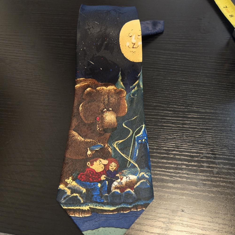 Hot Cakes Navy Tie with Brown Bear and Yellow Moon